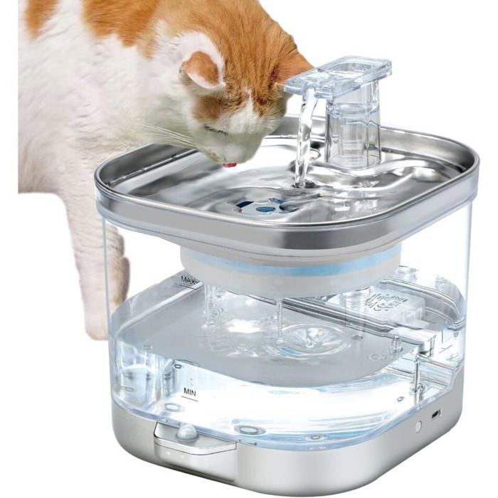 Meilleurs prix pour Fontaine à eau pour chat/chien sans fil - 2L - Détecteur de mouvement + 3 filtres - Pompe silencieuse