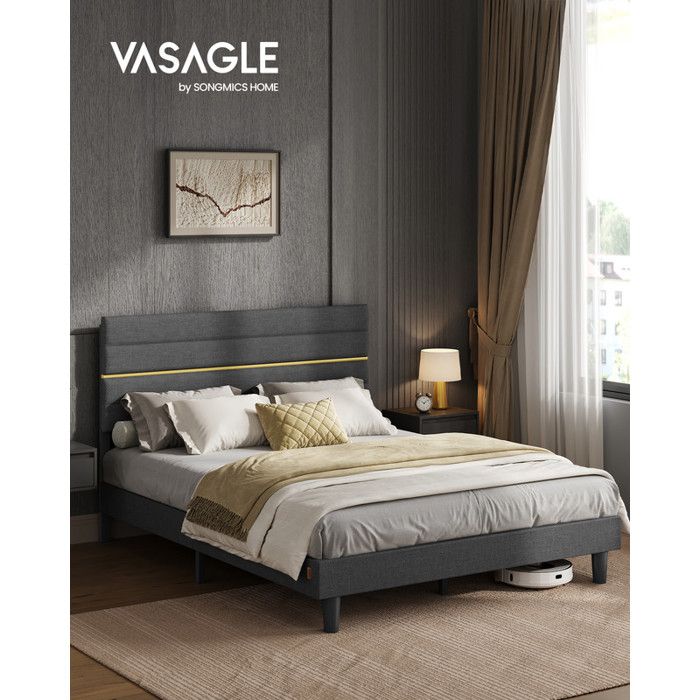 Structure de lit Convient pour un Matelas de 160 x 200 cm Tête de Lit Rembourrée Ajustable en Métal Bois Massif Gris Ardoise
