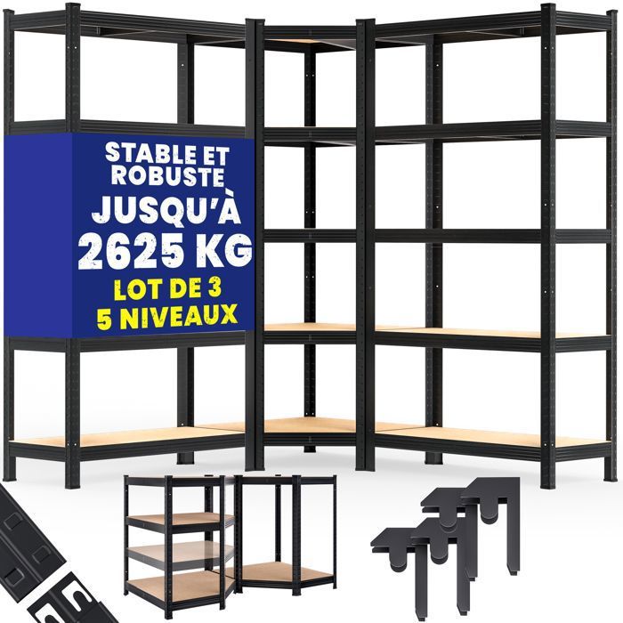 MONZANA® Set de 3 étagères charge lourde 5 niveaux noir Étagère métallique modulable 2625kg Étagère dangle garage atelier MONZANA® Set de 3 étagères charge lourde 5 niveaux noir Étagère métallique modulable 2625kg Étagère dangle garage atelier