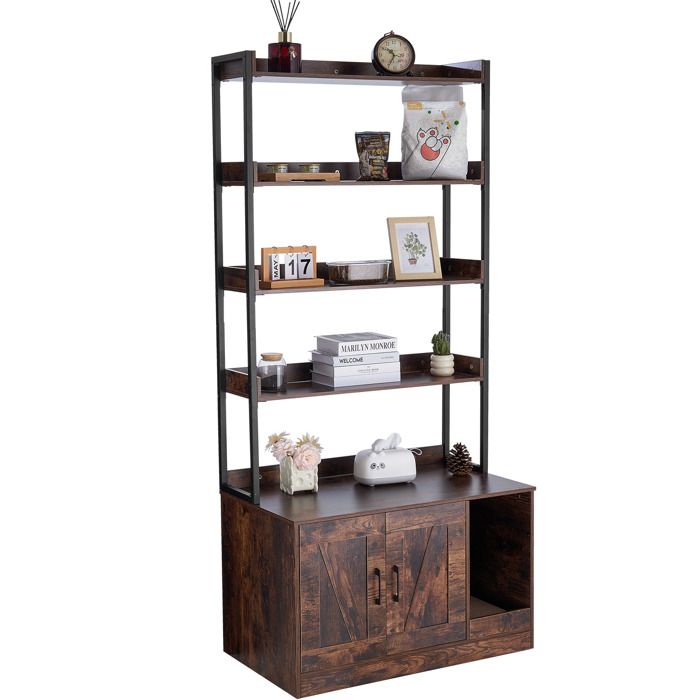 Enceinte pour Bac à Litière - DUOKU - Meuble Caché en Bois - 4 Étagères - Armoire Intérieure - Marron