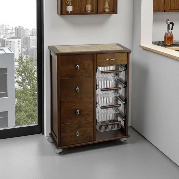 Chariot de cuisine en bois noyer avec 4 tiroirs et 4 paniers - OTELIA
