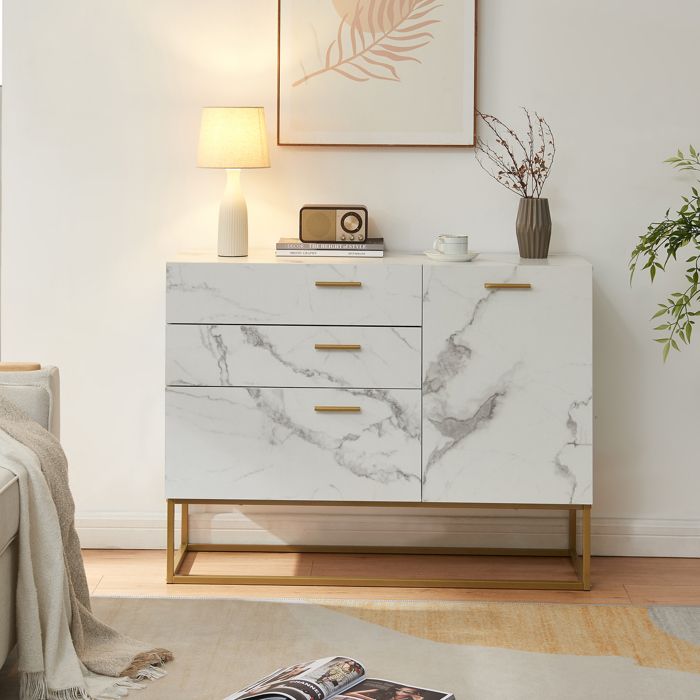 Buffet Lavangen 75 x 100 x 35 cm or effet marbre blanc Buffet Lavangen 75 x 100 x 35 cm or effet marbre blanc