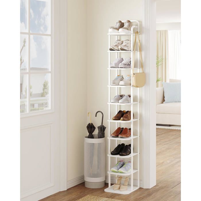 Étagère à Chaussures Verticale à 10 Niveaux Tour à Chaussures pour Petits Espaces Autoportante Réglable Gain de Place Blanc