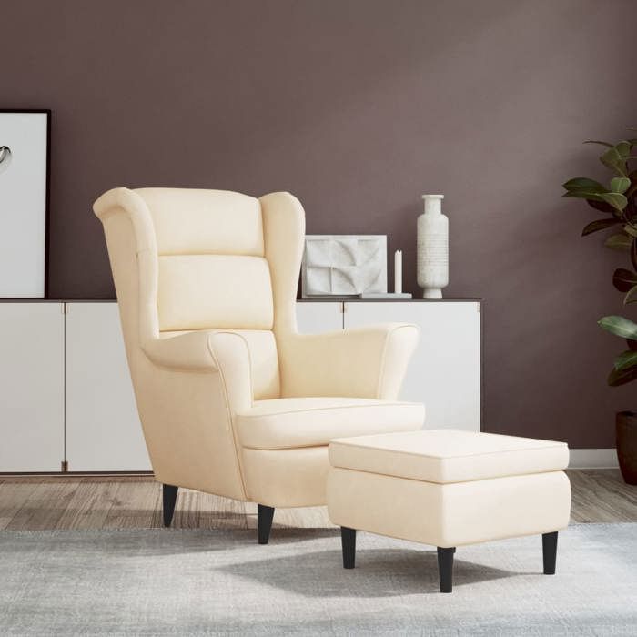 Réduction FR - Fauteuil à oreilles - Fauteuil Repos - Confort moelleux - avec tabouret crème velours -759931