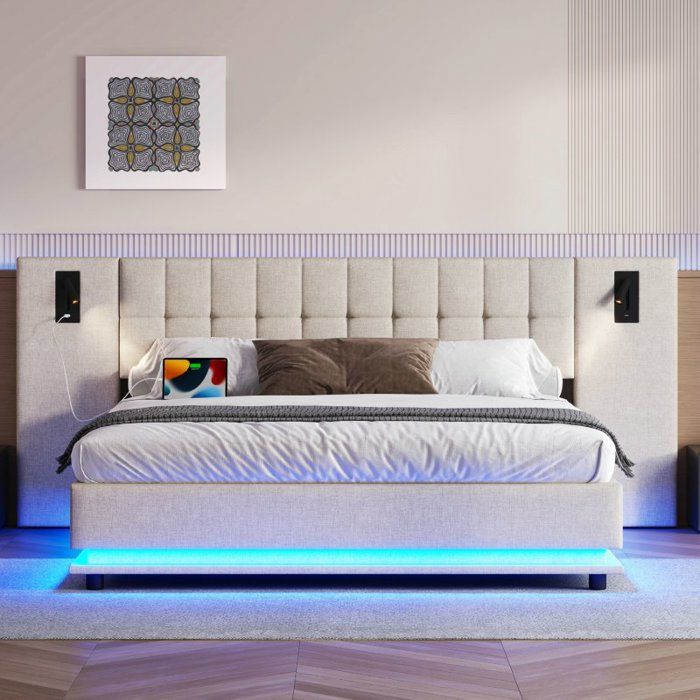 Lit coffre - LANGTU - 180x200 - Tête de lit capitonnée - Bande LED multicolore - Port USB & spot