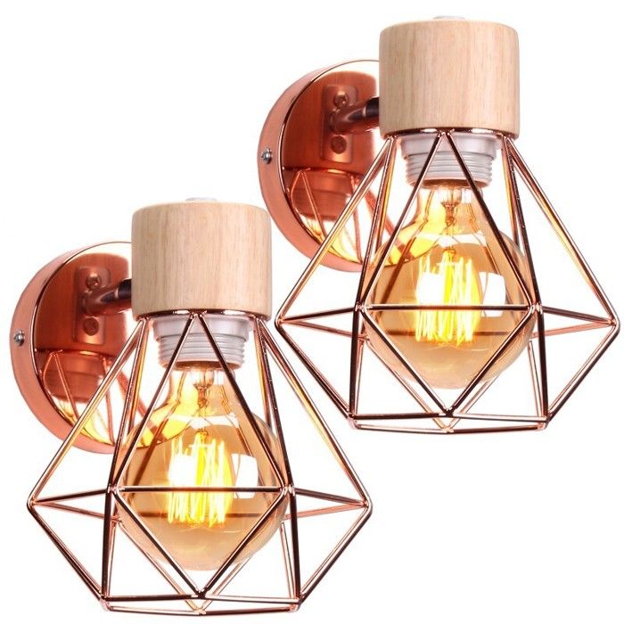 Applique murale - SMOTOP Cage Or rose Bois Ø16cm - Industrielle - Ajustable - 2x E27