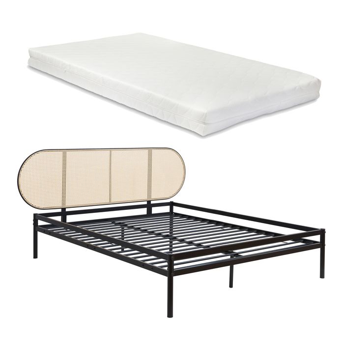 Lit en métal Linköping avec tête de lit ovale et matelas 160 x 200 cm noir / effet rotin Lit en métal Linköping avec tête de lit ovale et matelas 160 x 200 cm noir / effet rotin