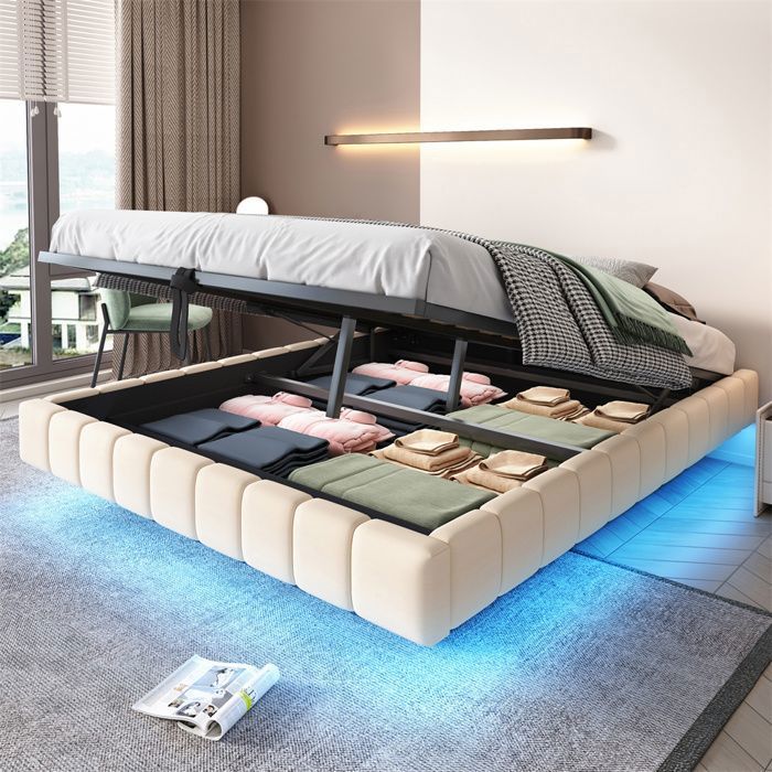 Lit coffre - 160x200 - Lin beige - Éclairage LED réglable - Rangement hydraulique