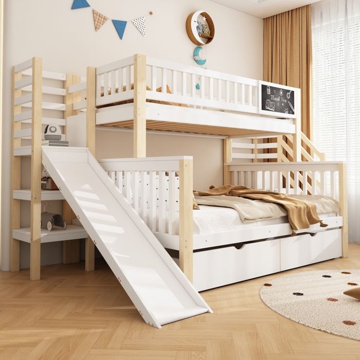 Lit superposé en bois massif 140/90 x 200 cm lit enfant avec échelle placard de rangement et tiroirs avec toboggan et bureau