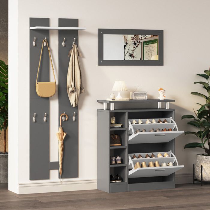Ensemble vestiaire dentrée 80x25x96 5 cm - 1 étagère+1 miroir - 2 panneaux muraux - Meuble à chaussures - Gris + blanc