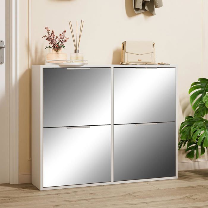 GOOBUY Armoire à Chaussures Inclinable 100cm Étagère à Chaussures avec 4 Compartiments Surface Miroir Étagère Réglable Blanc