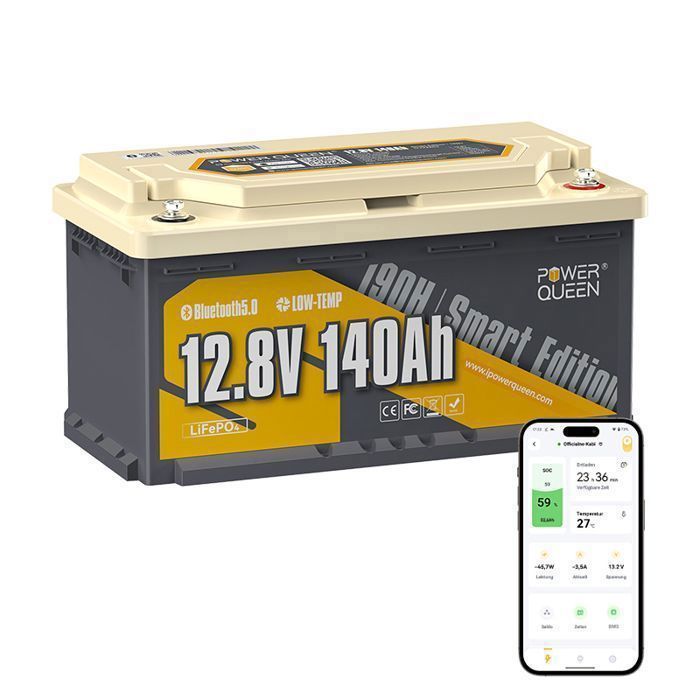 Power Queen Batterie au lithium 12V140Ah LiFePO4 150A BMS SOUS siège avec Bluetooth 5.0 pour les camping cars