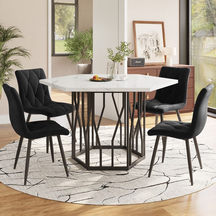 MODENUIT Ensemble Table à manger 115.5x100x75 cm 5 pièces hexagonal plateau MDF effet marbre piètement en acier velours Noir