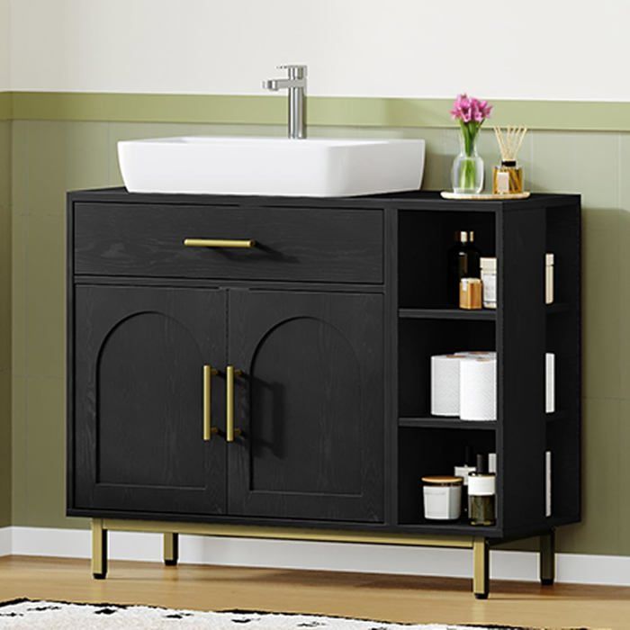 Meuble sous Lavabo Meuble de Salle de Bain 1 Tiroir 2 Portes Compartiment avec 3 Niveaux Gauche et Droite InterchangeablesNoir