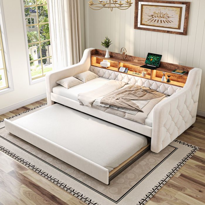 Lit banquette gigogne 90x190 cm. LED + interface USB-C. Sommier à lattes rembourrées. sans matelas. velours. beige