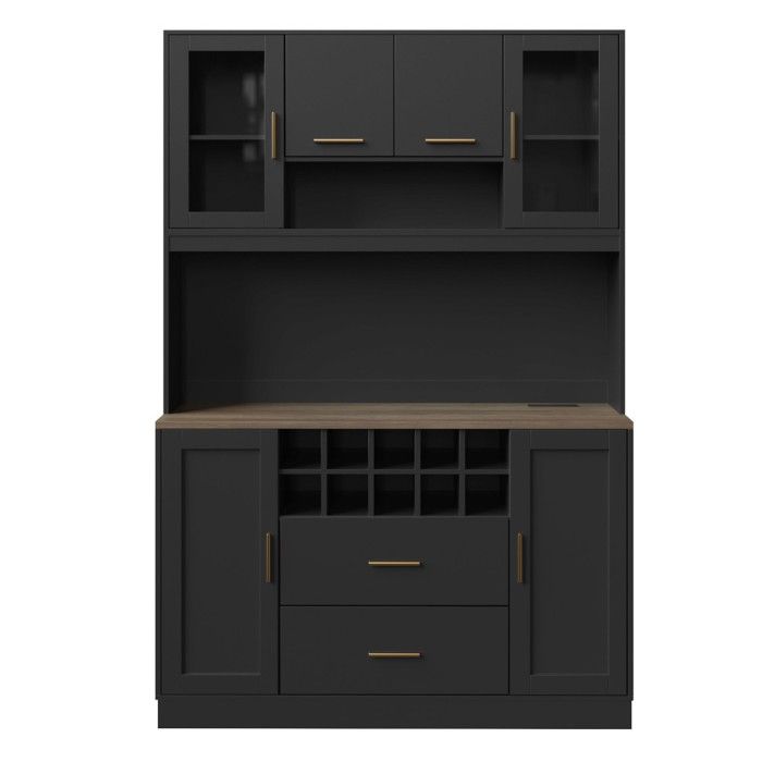 Buffet meuble rangement cuisine 120x36.3x180 cm noir 6 portes 2 grands tiroirs éclairage LED et prise électrique Buffet meuble rangement cuisine 120x36.3x180 cm noir 6 portes 2 grands tiroirs éclairage LED et prise électrique