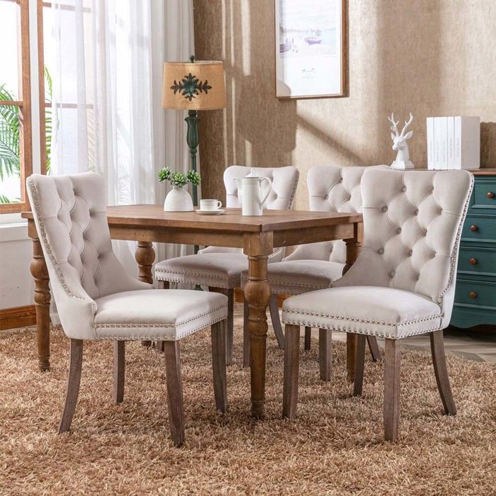 Chaise de salle à manger - Lot de 2 - Dossier haut capitonné - Velours beige - Pieds en bois massif réglables