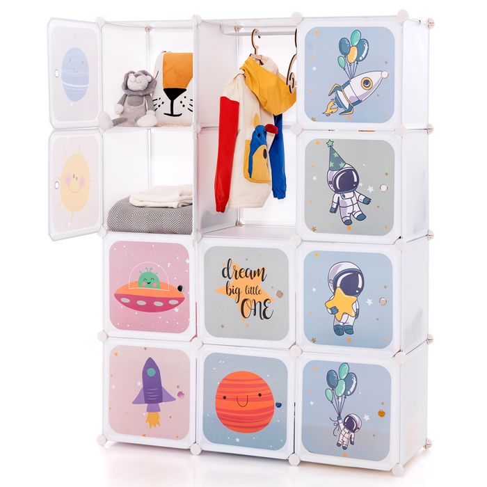 COSTWAY Armoire Meuble de Rangement pour Enfants 12 Cubes avec 2 Section Penderie Joli Assemblage facile 109 x 37 x 145cm Blanc