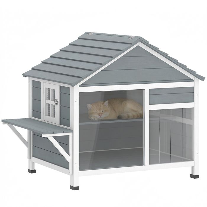 Comparer les prix de Maison pour chat extérieur - PawHut - toit ouvrant fenêtre panoramique porte à lamelles plateforme - bois - 101x725x81cm - gris