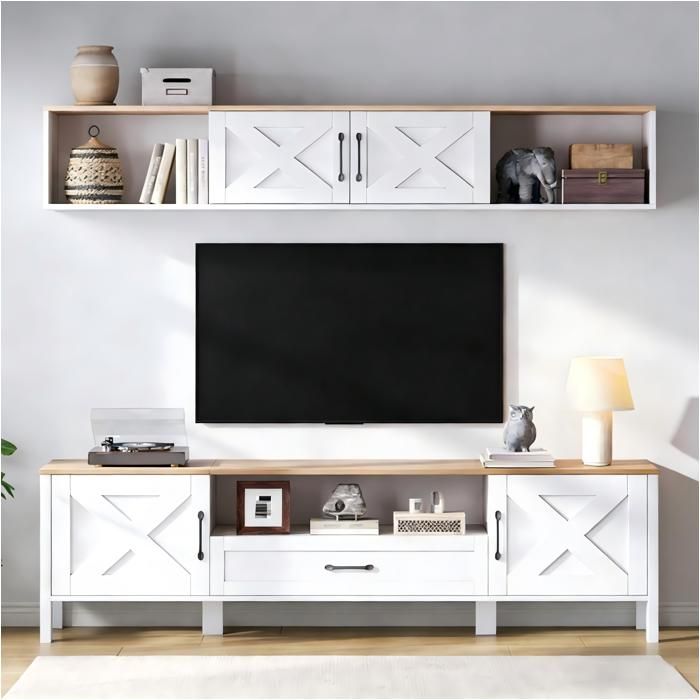 Meuble TV - HIBA - Ensemble 2 pièces 180 cm - 4 armoires + 1 tiroir - Pour TV 80 - MDF laqué blanc