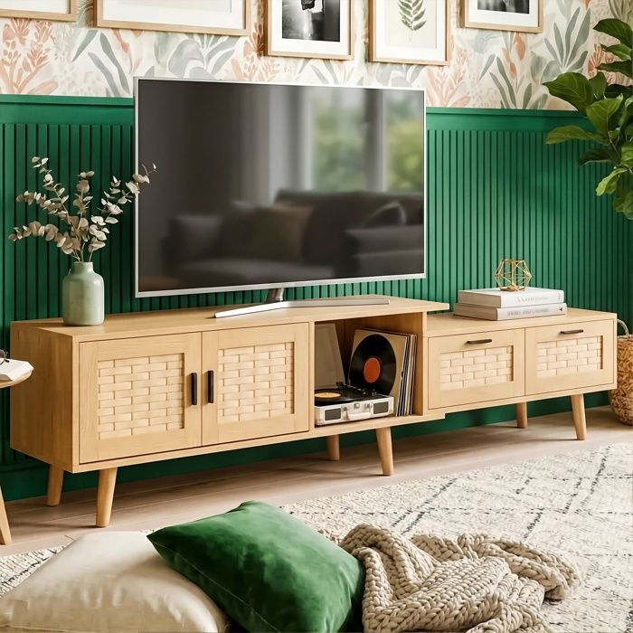 Meuble TV Extensible - 146 à 180cm - Style Rotin Bohème - Pieds en Bois Massif - PVC & Particules - Naturel