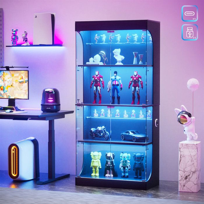 Vitrine pour Collection en Verre avec LED USB C/A 4 Portes Push-to-Open Meuble Vitrine Noir pour Chambre Étagères Lego 165 cm