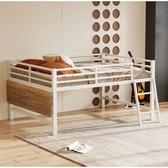 Lit mezzanine blanc 140 × 200 avec bureau rabattable LED échelle sans matelas