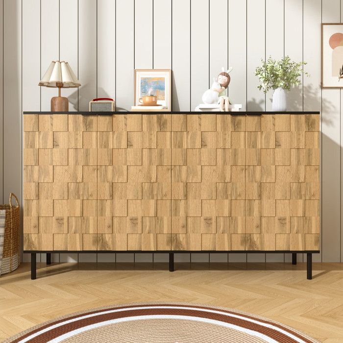 Buffet mosaïque Buffet bas 4 portes Meuble de rangement Aspect bois 160x35x80.5 cm Panneaux de particules Pieds en métal