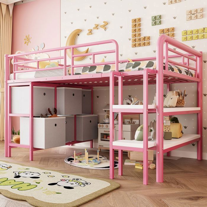 Lit Mezzanine Enfant 90x200 cm Tiroirs et Étagères - Lit Mezzanine - Métal Rose avec Marches Larges et Coins Arrondis