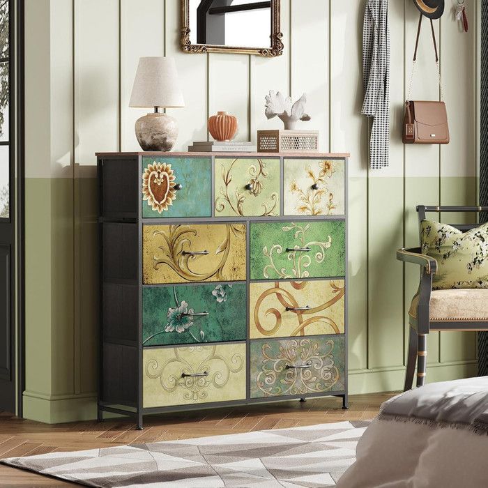 Commode vintage 9 tiroirs avec motifs floraux cadre métallique 100x30x100cm pour chambre et salon