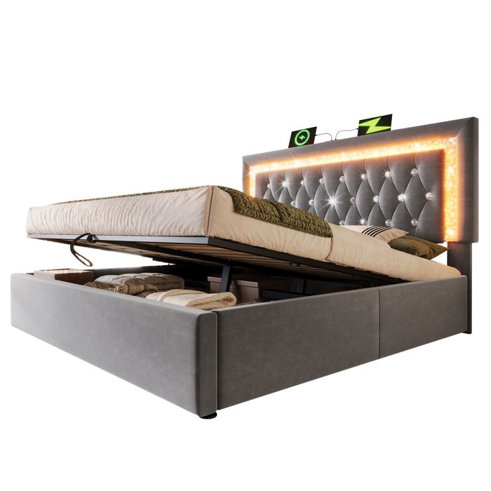Lit militaire 140x200 cm moderne avec rangement hydraulique cadre en velours gris LED décorative sans matelas