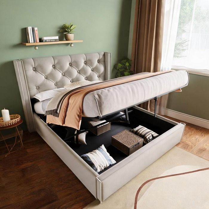 Lit capitonné 160x200 cm avec grand coffre de rangement en coton cool gray et pieds gris style rétro