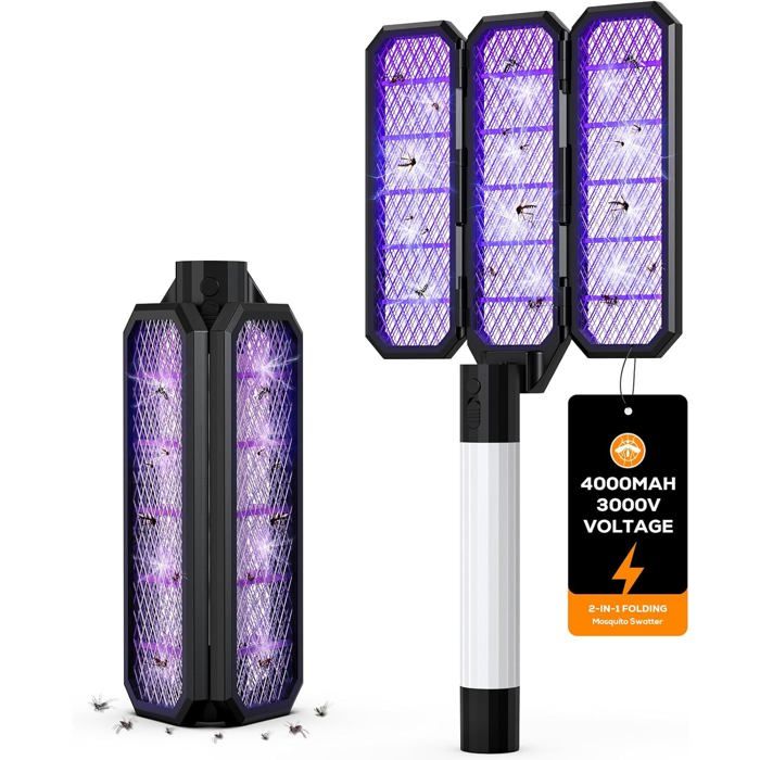Lampe Anti Moustique Raquette Anti-Insectes 2 en 1 Tueur Dinsectes Portable avec lumière UV Batterie Rechargeable de 4000 mAh