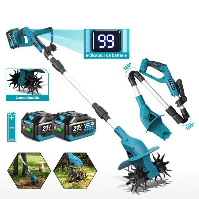 Motoculteur électrique sans fil 21V Motobineuse 4-lames 200mm largeur 150mm profondeur 2X 3000mAh Batteries