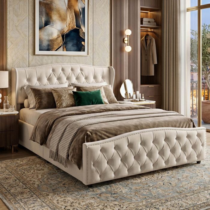 Lit Double 140x200cm en Velours Beige Tête de Lit Vague Design Baroque à Clous Cadre de Lit Rembourré avec Sommier