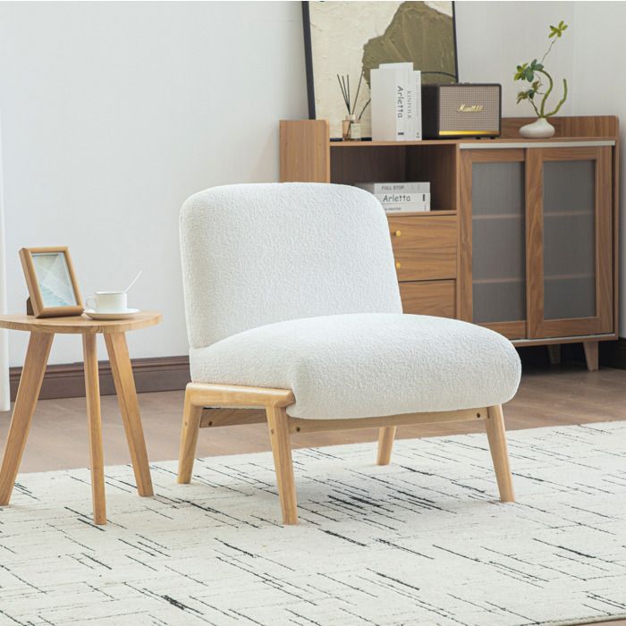 Fauteuil lounge scandinave 1 place en chenille ivoire sans accoudoirs pieds en bois massif 61 5 x 74 x 76 cm