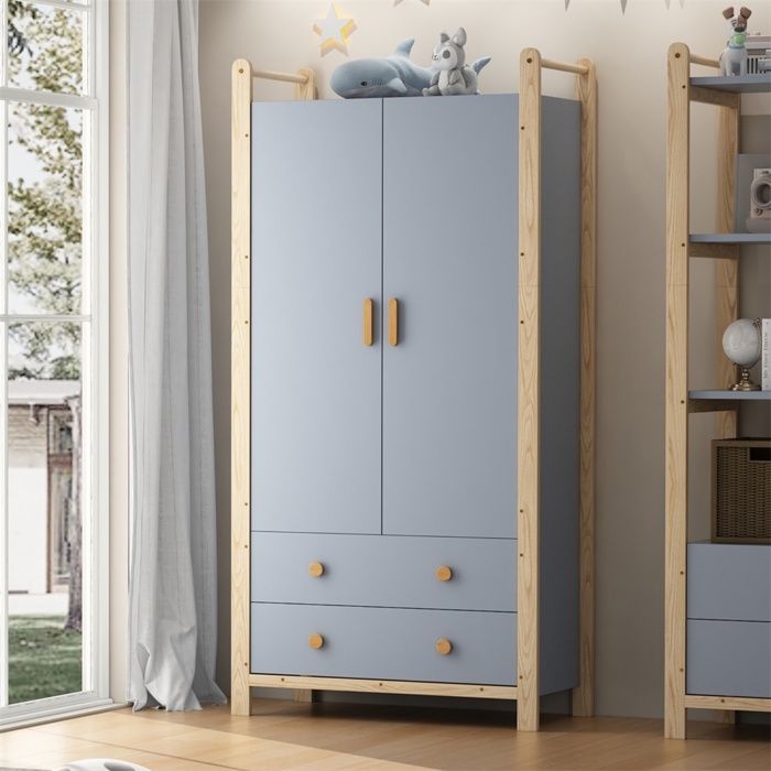 Armoire Penderie - H180xL90xP45 cm - 2 Portes avec Tringle et 2 Tiroirs Style Moderne Structure Bois - Bleu et Naturel
