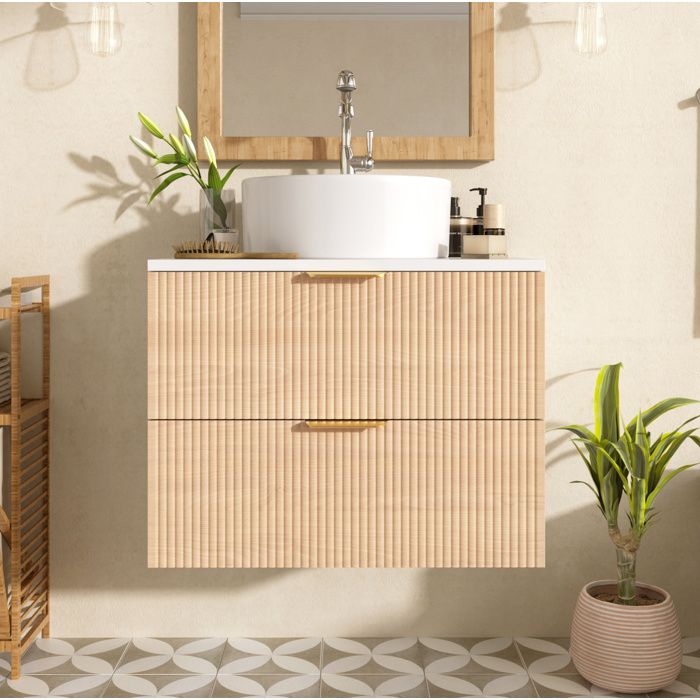 WOVREO meuble sous vasque suspendu 60 cm avec vasque ronde en céramique 2 tiroirs MDF aspect bois