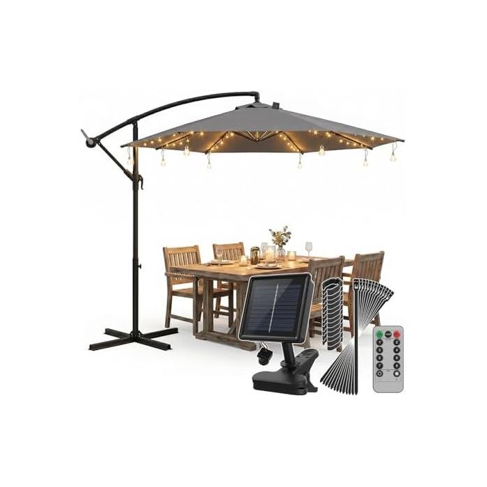 Lampe Parasol LED Solaire avec 136 LEDs & 8 Ampoules Guirlande Lumineuse pour Parasols Válable aus GUIRLANDE LUMINEUSE DEXTERIEU