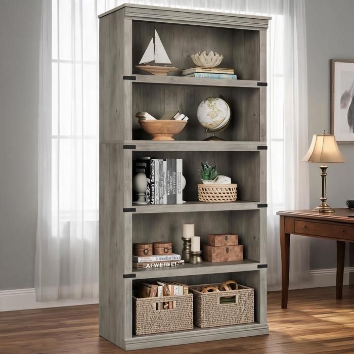 Bibliothèque 5 niveaux – Hauteur 171 cm – Étagère 80 cm – Style fermier – Pour livres décoration – Gris