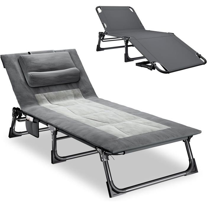 Bain De Soleil 4 Positions Chaise Longue Pliable Avec Matelas Rembourré Et Oreiller Lit De Camping Portable Pour Jardin Plag[CA2]