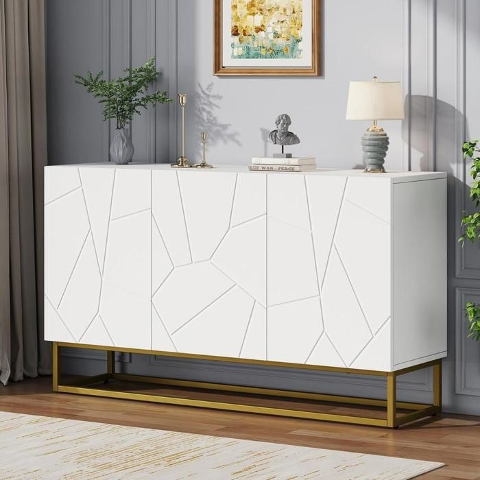 Buffet bas - KOMHTOM - 130×38×76 cm - 3 portes - finition brillante - Blanc & or Buffet bas - KOMHTOM - 130×38×76 cm - 3 portes - finition brillante - Blanc & or