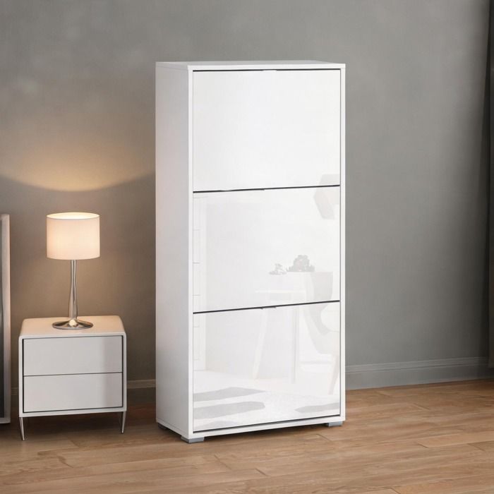 Meuble à chaussures 3 portes abattantes en MDF blanc laqué 60x26x124 cm pour entrée ou dressing