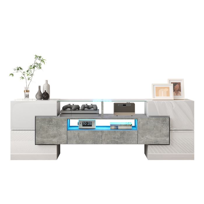 Meuble TV tendance meuble bas éclairage LED mobilier de salon design moderne plateau en verre blanc + gris 145 × 30 × 51 cm