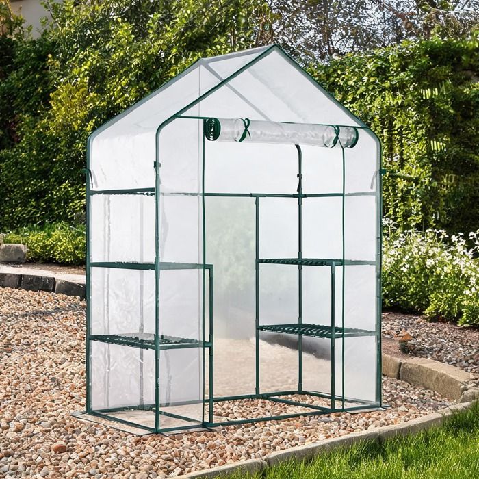Serre tunnel en acier transparent 142x73x195 cm avec 6 étagères pour jardin