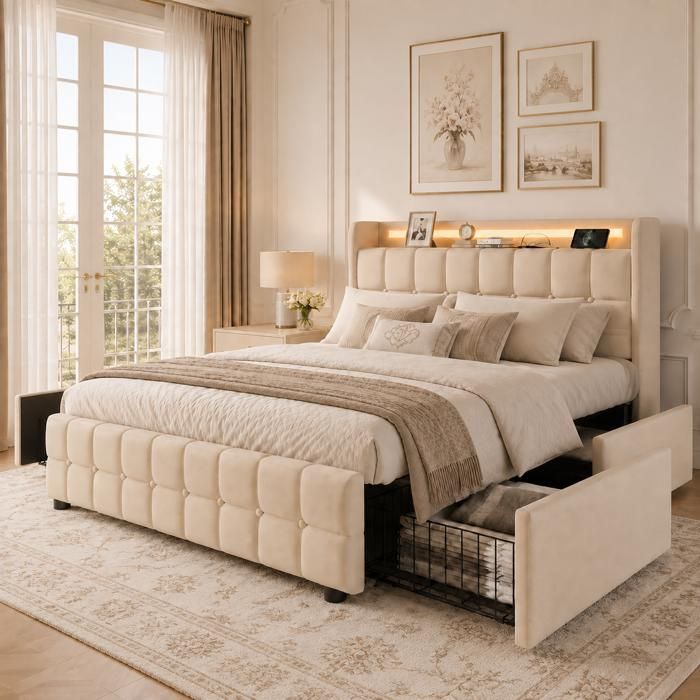 Lit double 180x200 en lin avec éclairage LED et Charge USB - Lit coffre adulte avec 4 tiroirs de Rangement - sommier à lattes -beige
