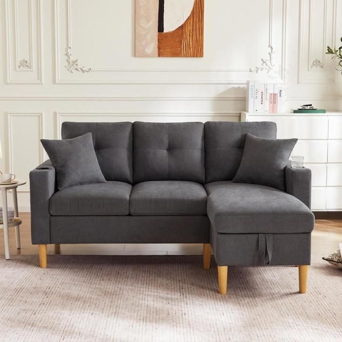Canapé dangle - KOMHTOM - Méridienne 3 places - Réversible - Rangement intégré - Porte‑verres - Gris foncé Canapé dangle - KOMHTOM - Méridienne 3 places - Réversible - Rangement intégré - Porte‑verres - Gris foncé