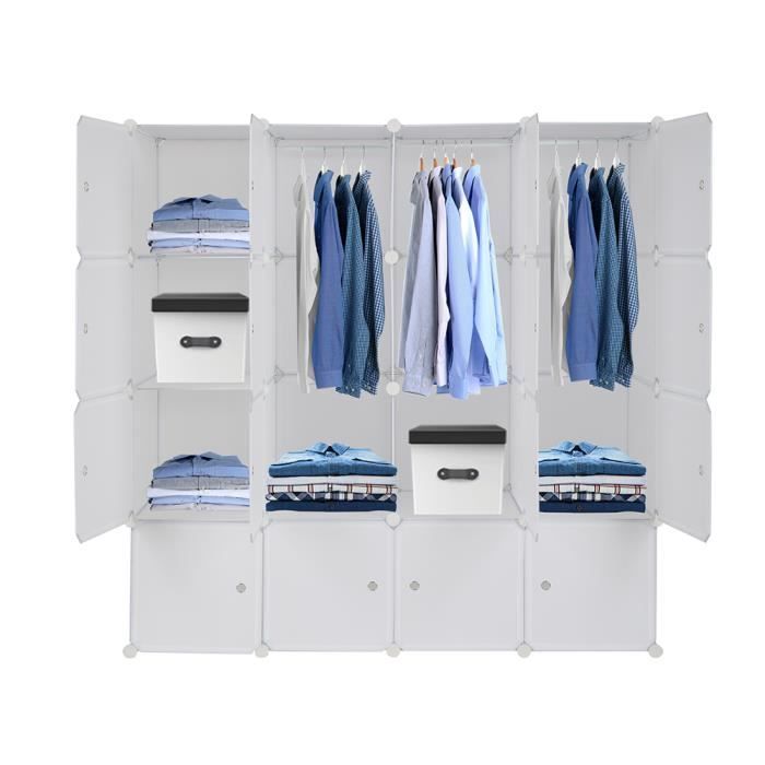 armoire de chambre rangement - 16 cubes, étagère de rangement diy avec 3 tige suspendue, 140 x 45 x 140cm blanc