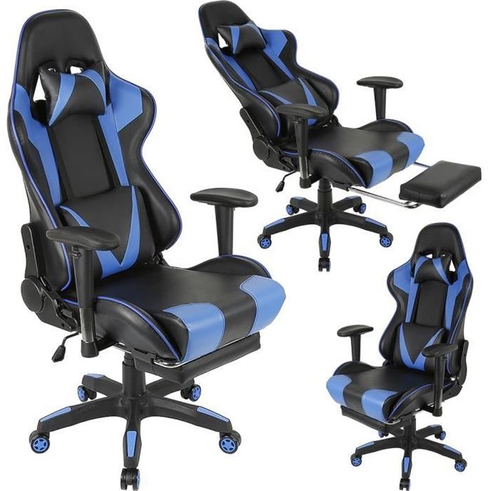 firnose chaise de bureau fauteuil ergonomique avec appui-tête et oreiller lombaire, chaise gamer avec fonction basculant - noir/bleu