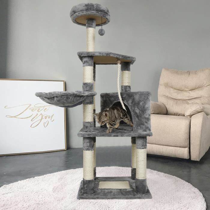 Arbre à Chat Multi-niveaux Gris – 114 Cm, Griffoirs Sisal, Niche, Hamac, Jouets, 5 Kg Max